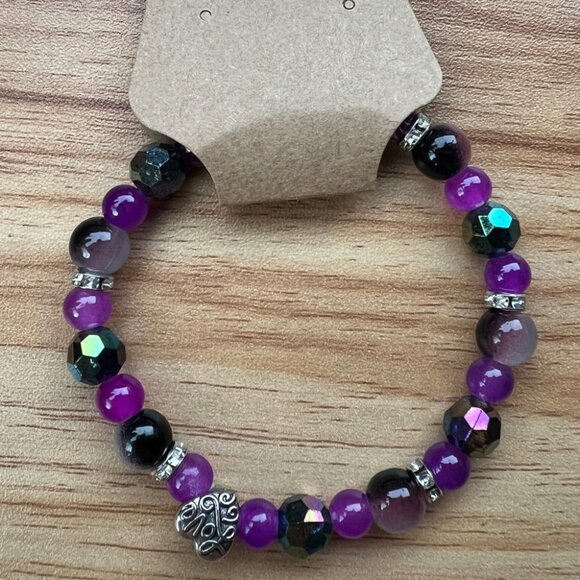 Purple Glass and Black Acrylic Beaded Stretchy Bracelet with Silver Accents - Picture 2 of 2